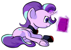Size: 2226x1572 | Tagged: safe, artist:aaronmk, starlight glimmer, pony, g4, anarcho-communism, anarchy, female, lying down, on side, reading, simple background, solo, stalin glimmer, transparent background