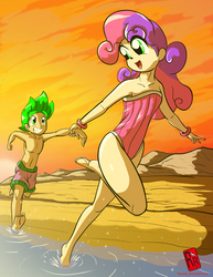Size: 2021x2622 | Tagged: safe, artist:ryured, spike, sweetie belle, human, g4, ankles, armpits, barefoot, beach, clothes, commission, feet, happy, high res, human spike, humanized, legs, male, male feet, ocean, open mouth, raised leg, sand, ship:spikebelle, shipping, shorts, straight, swimsuit