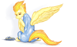 Size: 1247x761 | Tagged: safe, artist:testostepone, spitfire, pony, g4, clothes, colored sketch, female, simple background, solo, stupid sexy spitfire, white background, wings, wonderbolts uniform