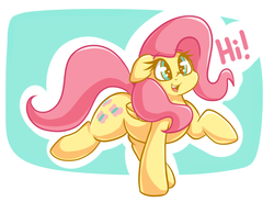 Size: 2293x1692 | Tagged: safe, artist:graphene, fluttershy, pegasus, pony, cute, dialogue, female, hi, looking at you, mare, open mouth, raised hoof, shyabetes, simple background, smiling, solo