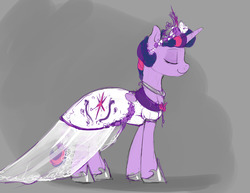 Size: 1280x989 | Tagged: safe, artist:silfoe, twilight sparkle, alicorn, pony, royal sketchbook, g4, alternate hairstyle, beautiful, clothes, dress, eyes closed, female, gray background, smiling, solo, twilight sparkle (alicorn), wedding dress