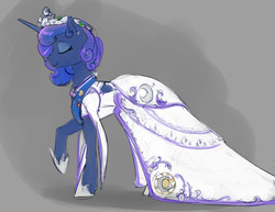 Size: 1280x989 | Tagged: safe, artist:silfoe, princess luna, pony, royal sketchbook, g4, alternate hairstyle, beautiful, clothes, dress, eyes closed, female, gray background, mare, profile, raised hoof, smiling, solo, wedding dress