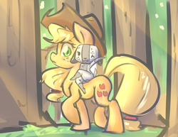 Size: 1280x989 | Tagged: safe, artist:leadhooves, applejack, g4, freckles, nintendo switch, riding, switch dog, switch-tan