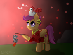 Size: 5000x3750 | Tagged: safe, artist:ahmadafadhil, artist:dunialittlepony, scootaloo, bird, chicken, pegasus, pony, g4, 2017, absurd resolution, cheongsam, chinese, chinese new year, clothes, collaboration, cute, cutealoo, fireworks, rooster, scootachicken, year of the rooster