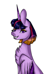 Size: 737x1037 | Tagged: safe, artist:symphstudio, twilight sparkle, alicorn, pony, g4, alternate hairstyle, alternate universe, female, looking at you, sideview, simple background, solo, transparent background, twilight sparkle (alicorn)