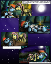 Size: 1935x2449 | Tagged: safe, artist:jamescorck, commander hurricane, fluttershy, private pansy, rainbow dash, pegasus, pony, comic:i will never leave you, g4, bandage, blanket, blood, cave, comic, fire, food, moon, shivering, soup, sweat