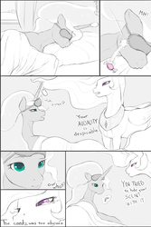 Size: 1280x1920 | Tagged: safe, artist:arareroll, princess celestia, princess luna, human, pony, g4, blindfold, candy, comic, food, implied human on pony action, implied interspecies, monochrome, partial color, sleeping