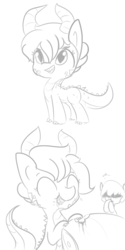 Size: 1080x2160 | Tagged: safe, artist:tjpones, oc, oc only, dracony, dragon, earth pony, hybrid, pony, cute, disgusted, eating, eyes closed, food, grayscale, herbivore vs omnivore, horns, meat, monochrome, sharp teeth, simple background, smiling, teeth, white background