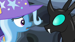Size: 1280x720 | Tagged: safe, screencap, thorax, trixie, changeling, pony, unicorn, g4, to where and back again, clothes, hat, trixie's hat