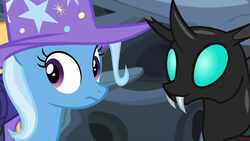 Size: 1280x720 | Tagged: safe, screencap, thorax, trixie, changeling, pony, unicorn, g4, to where and back again, clothes, hat, trixie's hat