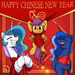 Size: 1200x1200 | Tagged: safe, artist:anticular, princess celestia, princess luna, scootaloo, alicorn, pegasus, pony, ask sunshine and moonbeams, g4, chinese new year, clothes, cute, cutealoo, female, filly, fireworks, grin, happy, looking at you, mare, one eye closed, scootachicken, smiling, wink, year of the rooster