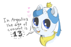 Size: 810x540 | Tagged: safe, artist:mente, oc, oc only, oc:princess argenta, alicorn, pony, age of consent, argentina, dialogue, female, filly, heart, lies, nation ponies, ponified, simple background, solo, speech bubble, white background