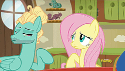 Size: 384x216 | Tagged: safe, screencap, fluttershy, zephyr breeze, pegasus, pony, flutter brutter, g4, animated, brother and sister, female, gif, hair bun, male, mane styling, mare, siblings, stallion