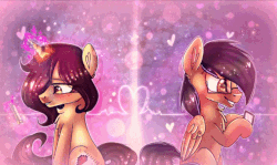 Size: 638x380 | Tagged: safe, artist:starchasesketches, oc, oc only, oc:boris, oc:melany, pegasus, pony, unicorn, animated, blushing, bokeh, cellphone, effects, gif, heart, love, phone, smiling
