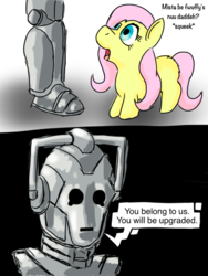 Size: 768x1024 | Tagged: safe, artist:fluffsplosion, cyberman, fluffy pony, antagonist, crossover, doctor who, fluffyshy, stupidity