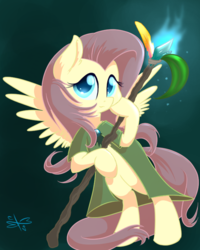 Size: 600x750 | Tagged: safe, artist:malwinters, fluttershy, pony, g4, bipedal, cloak, clothes, colored pupils, druid, female, flutterdruid, glowing, solo, spear, spread wings, weapon