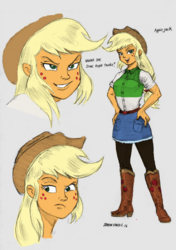 Size: 766x1089 | Tagged: safe, artist:baron engel, color edit, edit, editor:rmzero, applejack, equestria girls, g4, boots, clothes, colored, colored sketch, cowboy boots, cowboy hat, denim skirt, female, hat, pantyhose, skirt, solo, stetson