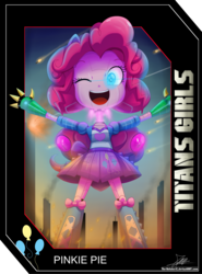 Size: 2025x2737 | Tagged: safe, artist:the-butch-x, part of a set, pinkie pie, robot, equestria girls, g4, boots, card, clothes, female, giantess, happy, high res, macro, mecha, modular, one eye closed, open mouth, signature, skirt, smiling, solo, titans girls, transformerfied, transformers, wink