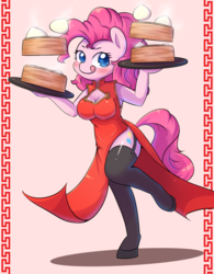 Size: 1000x1280 | Tagged: safe, artist:tikrs007, pinkie pie, earth pony, anthro, unguligrade anthro, g4, boob window, breasts, busty pinkie pie, cheongsam, chinese new year, clothes, cute, diapinkes, dumplings, female, food, garter belt, side slit, socks, solo, stockings, thigh highs, tongue out, tray