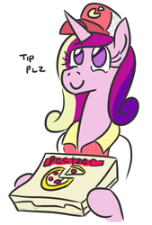 Size: 448x661 | Tagged: safe, artist:jargon scott, princess cadance, pony, g4, c:, cadance's pizza delivery, cute, cutedance, female, food, hat, hoof hold, peetzer, pizza, pizza delivery, simple background, smiling, solo, tip, white background