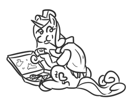 Size: 489x383 | Tagged: safe, artist:jargon scott, princess cadance, pony, g4, cadance's pizza delivery, eating, female, food, monochrome, peetzer, pizza, pizza delivery, solo, that pony sure does love pizza