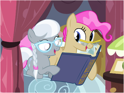 Size: 800x600 | Tagged: safe, artist:flash equestria photography, mayor mare, silver spoon, earth pony, pony, g4, bed, book, braid, cute, female, glasses, mother and child, mother and daughter, non-dyed mayor, parent:mayor mare, reading