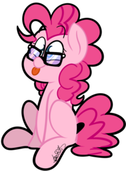 Size: 2189x2965 | Tagged: safe, artist:befishproductions, pinkie pie, earth pony, pony, g4, female, glasses, high res, missing cutie mark, signature, simple background, solo, tongue out, transparent background