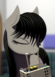 Size: 500x700 | Tagged: safe, artist:styroponyworks, octavia melody, earth pony, pony, g4, basket, eyes closed, female, mouth hold, shampoo, solo, tile, towel