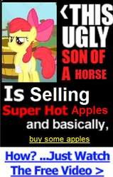 Size: 293x461 | Tagged: safe, apple bloom, earth pony, pony, g4, advertisement, buy some apples, clickbait, fake ad, female, filly, mare, meme, needs more jpeg, parody, porn ads, solo, text, this ugly son of a bitch