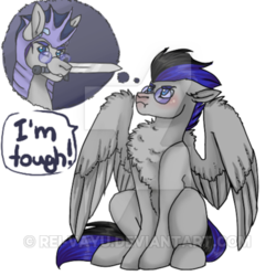 Size: 400x400 | Tagged: safe, artist:fluffyrainbowsheep, oc, oc only, oc:knight smile, pegasus, pony, blushing, night guard, scrunchy face, sitting, solo, sword, watermark, weapon