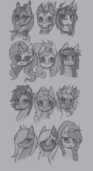 Size: 1200x2200 | Tagged: safe, artist:raptor007, earth pony, pegasus, pony, unicorn, bust, monochrome, original character do not steal, portrait, sketch, sketch dump