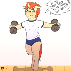 Size: 2000x2000 | Tagged: safe, artist:mr.smile, oc, oc only, oc:scribble notes, pony, unicorn, bipedal, blushing, glasses, high res, nerd, nerd pony, p.e, screaming, solo, sweat, workout