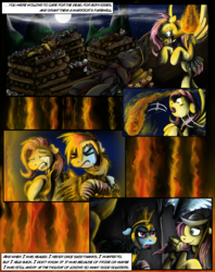 Size: 1935x2449 | Tagged: safe, artist:jamescorck, commander hurricane, fluttershy, private pansy, rainbow dash, griffon, pegasus, pony, comic:i will never leave you, g4, cave, comic, crying, fire, flag, funeral, funeral pyre, helmet, history