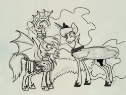 Size: 1280x960 | Tagged: safe, artist:forbidden-solu, princess luna, oc, oc:fickle dissonance, alicorn, bat pony, pony, g4, :o, armor, blushing, crown, eye contact, fangs, female, grayscale, helmet, horseshoes, jewelry, levitation, looking at each other, magic, mare, monochrome, necklace, open mouth, regalia, sketch, smiling, spread wings, tail wrap, telekinesis, wide eyes