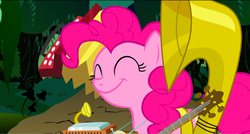 Size: 1360x730 | Tagged: safe, screencap, pinkie pie, earth pony, pony, g4, swarm of the century, accordion, banjo, eyes closed, female, harmonica, mare, musical instrument, one-pony band, smiling, solo, sousaphone, tuba