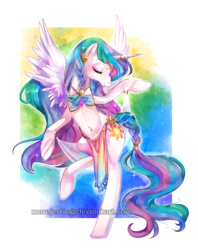 Size: 1994x2513 | Tagged: safe, artist:marejestic, princess celestia, pony, g4, belly button, belly dancer, bipedal, bocas top, braid, ear piercing, earring, eyes closed, female, horn, horn jewelry, jewelry, loincloth, mare, piercing, solo, spread wings, watermark