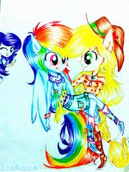 Size: 1536x2048 | Tagged: safe, artist:liaaqila, applejack, rainbow dash, rarity, equestria girls, g4, female, lesbian, looking at each other, ponied up, ship:appledash, shipping, thumbs up, traditional art