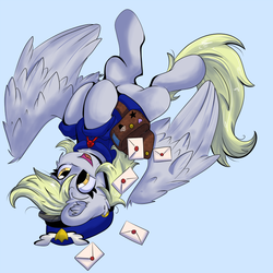 Size: 720x720 | Tagged: safe, artist:spectraart, derpy hooves, pegasus, pony, g4, cheek fluff, clothes, ear fluff, female, flying, letter, mailbag, mailmare, mare, simple background, solo, uniform, upside down