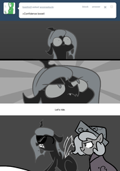 Size: 666x950 | Tagged: safe, artist:egophiliac, princess luna, oc, oc:imogen, alicorn, changeling, changeling queen, pony, moonstuck, g4, cartographer's cap, changeling queen oc, determination, female, filly, grayscale, gritted teeth, hat, marauder's mantle, monochrome, moon roc, sunburst background, sunglasses, woona, younger