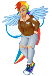 Size: 949x1391 | Tagged: safe, artist:threelegmeg, rainbow dash, human, g4, clothes, converse, cutie mark, female, humanized, mohawk, piercing, shoes, simple background, solo, transparent background, winged humanization, wings