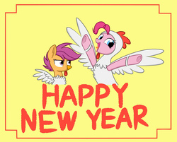 Size: 1794x1440 | Tagged: safe, artist:sirius, pinkie pie, scootaloo, earth pony, pegasus, pony, g4, animal costume, chicken pie, chicken suit, chinese new year, clothes, costume, duo, happy, scootachicken, unamused, underhoof, year of the rooster