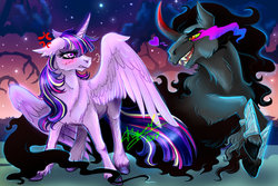 Size: 1024x683 | Tagged: safe, artist:shanna1992, king sombra, twilight sparkle, alicorn, pony, g4, blushing, male, rainbow power, shadow, ship:twibra, shipping, straight, twilight sparkle (alicorn)