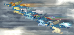 Size: 3100x1450 | Tagged: safe, artist:monnarcha, fleetfoot, misty fly, rainbow dash, spitfire, g4, badass, clothes, cloud, commission, epic, flying, goggles, speed lines, wonderbolts, wonderbolts uniform