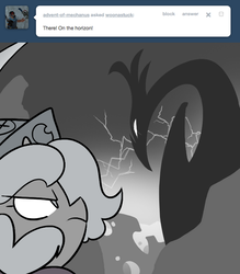 Size: 666x761 | Tagged: safe, artist:egophiliac, princess luna, oc, oc:winter (egophiliac), moonstuck, g4, cartographer's cap, changeling hive, filly, grayscale, hat, lightning, monochrome, moon roc, woona, younger