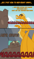 Size: 600x1034 | Tagged: safe, artist:queencold, garble, oc, oc:caldera, oc:grandma griddle, dragon, comic:mommy issues, g4, baby dragon, crying, dialogue, dragon oc, dragoness, mother, pushing, younger