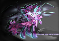 Size: 1600x1134 | Tagged: safe, artist:yitsune-melody, sci-twi, twilight sparkle, pony, g4, equestria girls ponified, female, glowing eyes, glowing horn, horn, midnight sparkle, ponified, raised hoof, solo, watermark