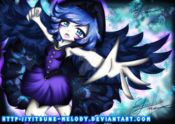 Size: 1600x1131 | Tagged: safe, artist:yitsune-melody, princess luna, spirit of hearth's warming yet to come, human, a hearth's warming tail, g4, anime style, female, humanized, lightly watermarked, luna's future, open mouth, scene interpretation, signature, solo, watermark