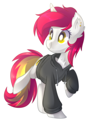 Size: 1572x2100 | Tagged: safe, artist:drawntildawn, oc, oc only, pony, unicorn, clothes, hoodie, raised hoof, simple background, solo, transparent background
