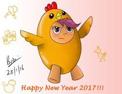 Size: 1326x1024 | Tagged: safe, artist:brianchoobrony-artie, scootaloo, pegasus, pony, g4, animal costume, bipedal, blushing, chicken leg, chicken suit, chinese, chinese new year, chinese zodiac, clothes, costume, cute, cutealoo, female, food, frown, glare, gradient background, orange, pink background, scootachicken, scootaloo is not amused, simple background, solo, spread wings, text, unamused, wings, year of the rooster