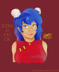 Size: 1560x1920 | Tagged: safe, artist:pwnagespartan, princess luna, human, g4, chinese, chinese new year, female, hair bun, humanized, lunar new year, smiling, solo